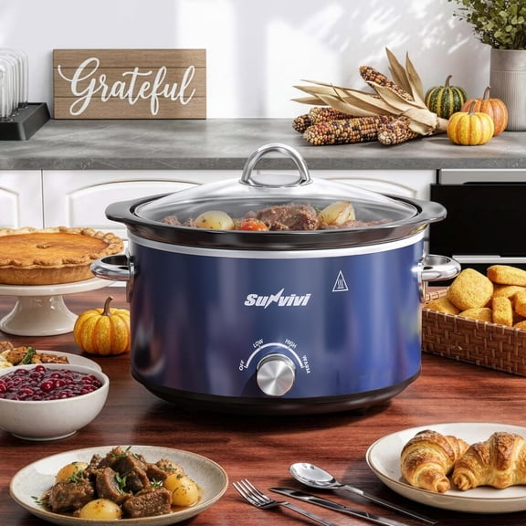 4QT Slow Cooker, Small Crock with 3 Heating Settings & Removable Ceramic Pot, Mini Food Warmer with Dishwasher Safe Glass Lid & Crock, Stainless Steel, Blue