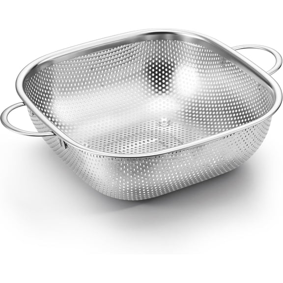 4QT Square Stainless Steel Colander with Handle - Metal Strainer for Draining Pasta & Vegetables, Micro-Perforated Bowl, Elevated Feet, Dishwasher Safe, Kitchen Sink Strainer Basket