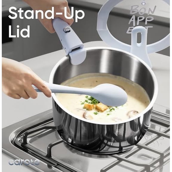 4QT Stainless Steel Sauce Pan with Stand-Up Lid, Nonstick Stainless Steel Pot with Detachable Handle, Non Toxic Kitchen Saucepan, Induction Kitchen Cookware, Oven Safe to 600°F
