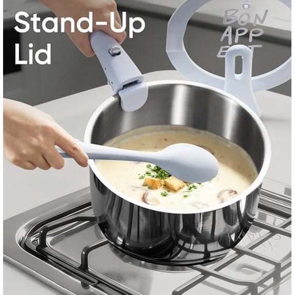 4QT Stainless Steel Sauce Pan with Stand-Up Lid, Nonstick Stainless Steel Pot with Detachable Handle, Non Toxic Kitchen Saucepan, Induction Kitchen Cookware, Oven Safe to 600°F