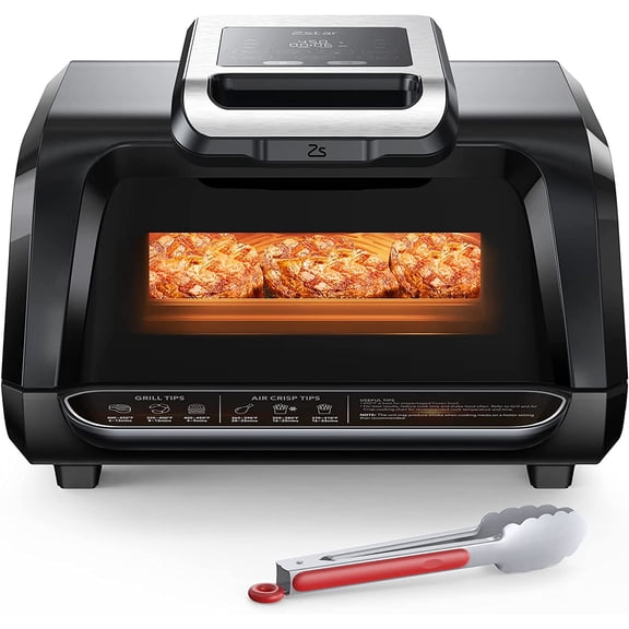 4Qt Indoor Grill Air Fryer Combo with See-Through Window, 7-in-1 Smokeless Electric Air Grill up to 450F, 1750W Contact Grill with Non-Stick Removable Plates, Even Heat, Silicon Tongs as Gift