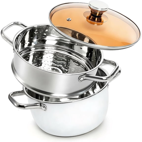 4Qt Stainless Steel Steamer Pot, 2-Tier Steamer for Cooking | 9 Inch Versatile Cooking Pot with 2 Handles, Induction , for Tamales, Veggie & Dumpling, Durable, Easy to Clean