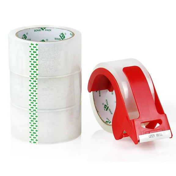 4Rolls Clear Packing Tape with Dispenser 2.4mil x 1.88inch x 50yds, Shipping Tape for Heavy Duty, Moving, Packing, BOMEI PACK