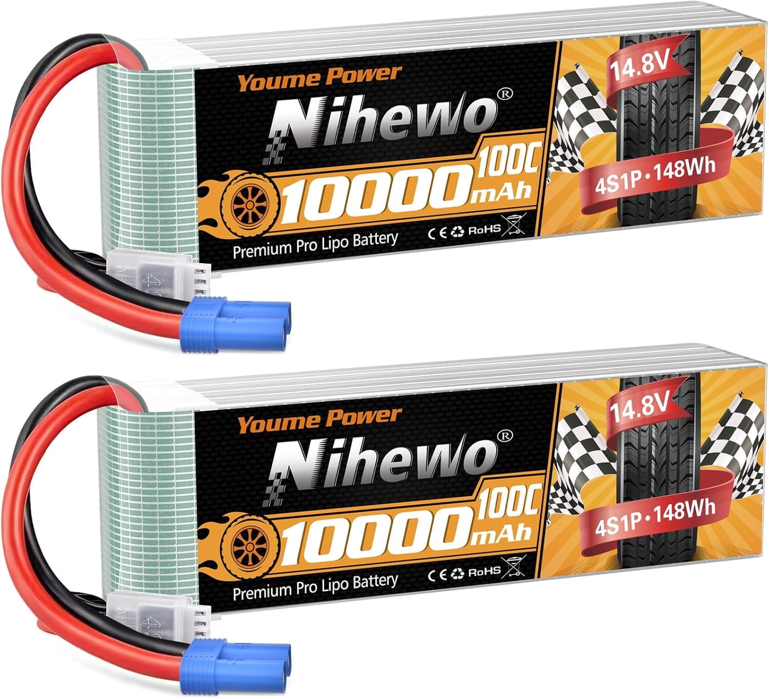 4S Lipo Battery 14.8V 10000mAh 100C RC Battery EC5 Plug Soft Case for RC Car Truck Tank Plane Drone Boat Racing Models(2 Packs)