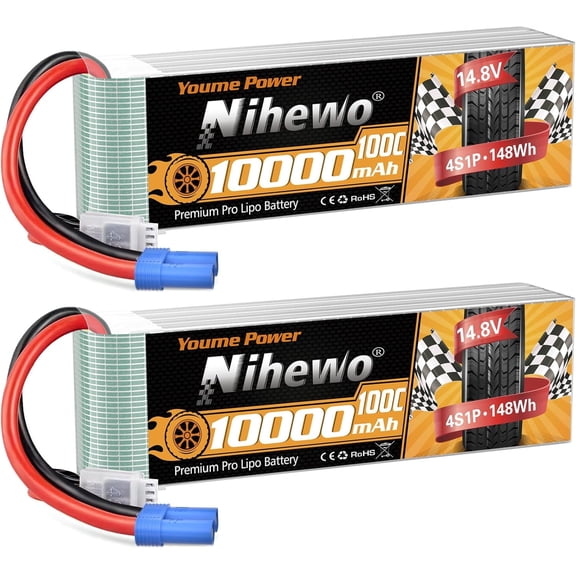 4S Lipo Battery 14.8V 10000mAh 100C RC Battery EC5 Plug Soft Case for RC Car Truck Tank Plane Drone Boat Racing Models(2 Packs)