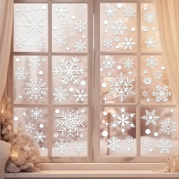 4SHEETS 137pcs Christmas Window Stickers - Reusable White Snowflake Winter Decorations, Static Holiday Decoration for Glass Windows, Festive Atmosphere, Home, Office, Store Display, Snowflake Pattern