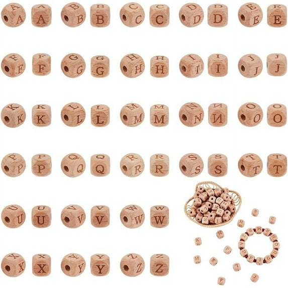 4Set 104Pcs 12mm Alphabet Wooden Beads 4.5mm Hole Natural Square Wooden Beads Letter Wooden Loose Beads with Initial Letter Wooden for Jewelry Making and DIY Crafts