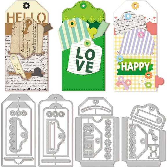4Set 23Pcs Label Pocket Cutting Dies for DIY Scrapbooking Metal Bookmarks Bags Die Cuts Embossing Stencils Template for Paper Card Making Decoration Album Craft Decor diy