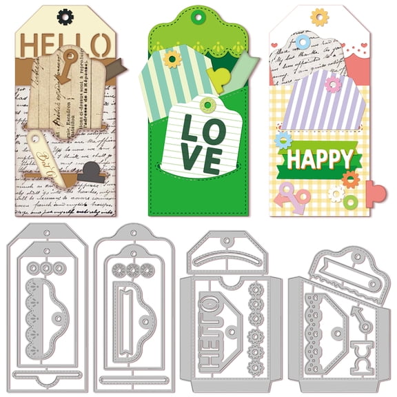 4Set 23Pcs Label Pocket Cutting Dies for DIY Scrapbooking Metal Bookmarks Bags Die Cuts Embossing Stencils Template for Paper Card Making Decoration