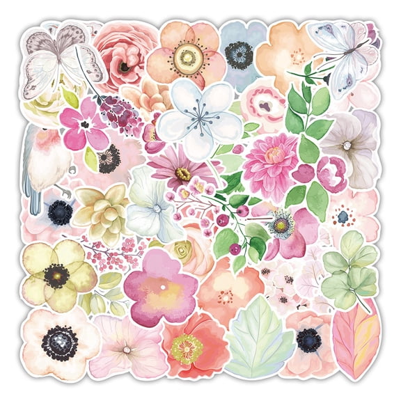 4Set 50Pcs PVC Paper Stickers Vinyl Waterproof Decals for Water Bottles Laptop Phone Skateboard Decoration Flower Mixed Color 50~80mm