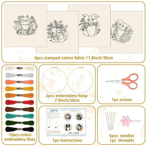4Set Cat and Dog Embroidery Kit for Beginenrs Hand Sewing Embroidery Kits with Cat and Dog Pattern Needlepoint Kit with Colourful Threads Needles Instructions