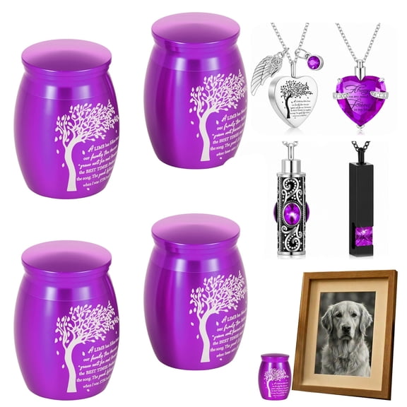 Set of 4 Small Urns for Human Ashes, Tree of Life Keepsake Urn and Cremation Necklace Combo, Mini Memorial Ashes Holder for Sharing