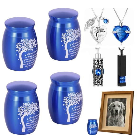 Set of 4 Small Urns for Human Ashes, Tree of Life Keepsake Urn and Cremation Necklace Combo, Mini Memorial Ashes Holder for Sharing