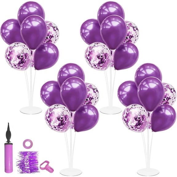 4Set Purple Balloon Stand Table Centerpieces Party Decor | Birthday Decorations Graduation Retirement Bridal Shower Wedding Anniversary Halloween New Years Eve Party Supplies