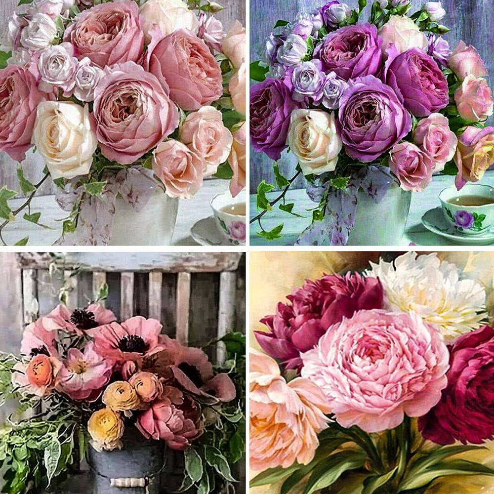 4Sets 4Style DIY 5D Flower Pattern Canvas Diamond Painting Kits with Resin Rhinestones Sticky Pen Tray Plate Glue Clay Mixed Color 39~40.3x29~30x0.03cm 1 set/style 1Bag