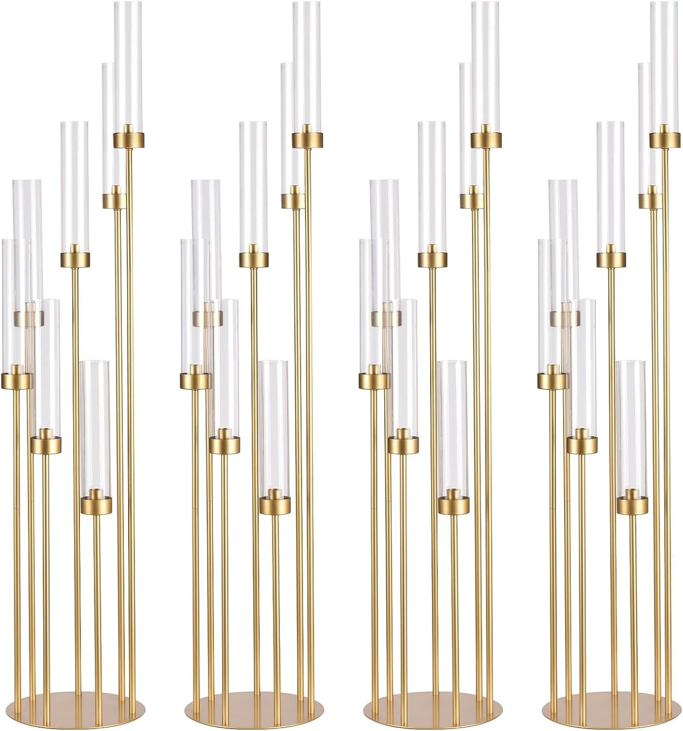 4 Set 7 Arm Floor Candelabra Wedding Holiday Gold 48" Tall Metal Candlesticks Holders with Acrylic Removable Lampshade for Table,Party,Room Decor Centerpieces