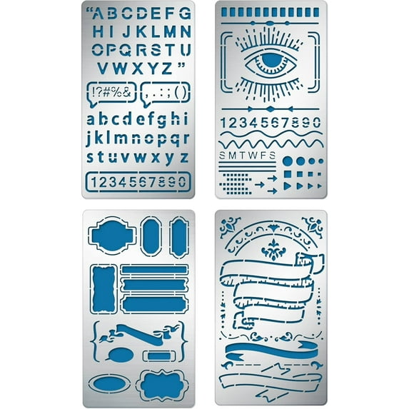 4Sets 7x4 Inch Alphabet Symbols Metal Stencil 4 Styles Pattern Metal Embossing Stencil Template for Making Photo Decorative Paper Scrapbooking Embossing Card