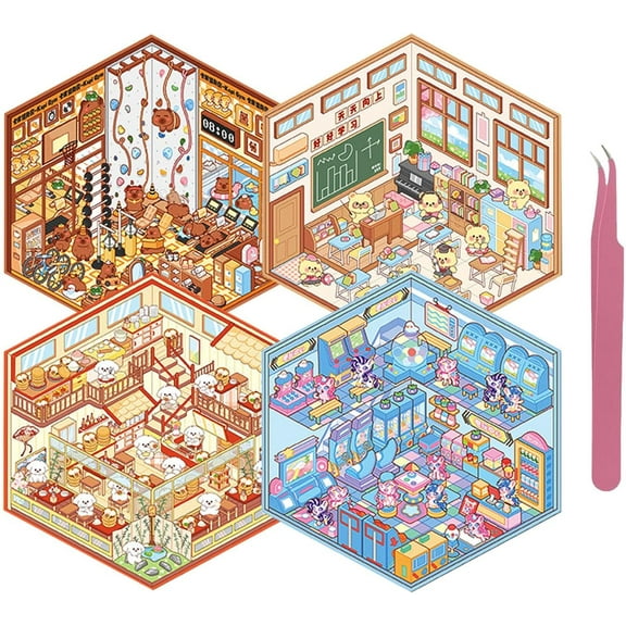 4Sets DIY 3D House Stickers, New 3D Sticker Scene Stickers Make Your Own Mini Shop Sticker Cute Miniature Cartoon Stickers for Adult Kids