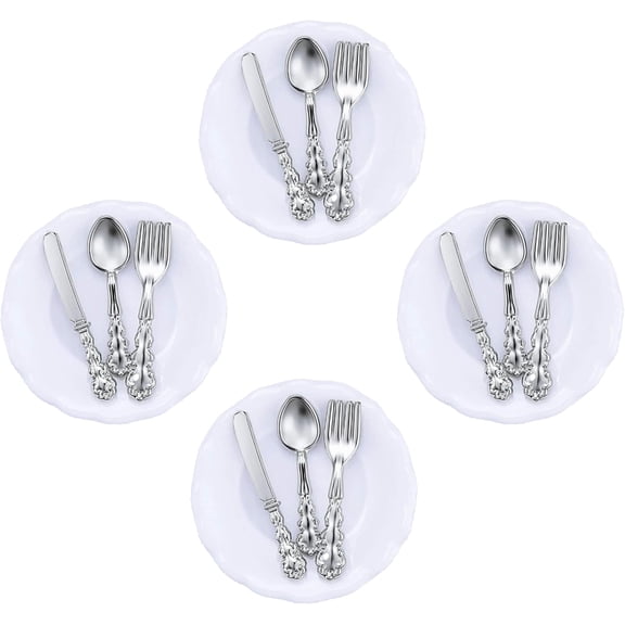 4Sets Kitchen & Dining Theme Miniature Dish Set 1:12 Scale Plates,Spoons,Knife & Fork,Realistic Porcelain Tableware for Dollhouse,Miniature Dinner Accessories,DIY Display&Decorative Utensils (White)
