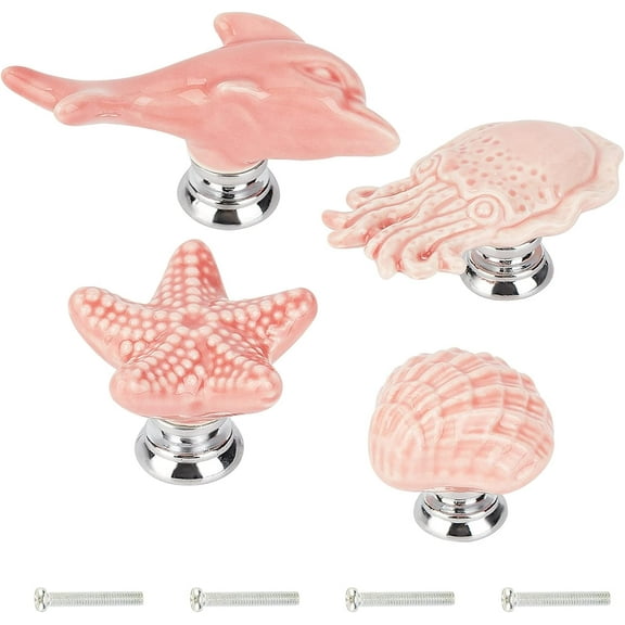 4Sets Starfish Octopus Shell Dolphin Ceramic Cabinet Knobs Marine Animals Theme Ocean Cartoon Style Handmade Dresser Knob Drawer Pulls for Cupboard Kitchen Wardrobe Furniture (Pink) for DIY