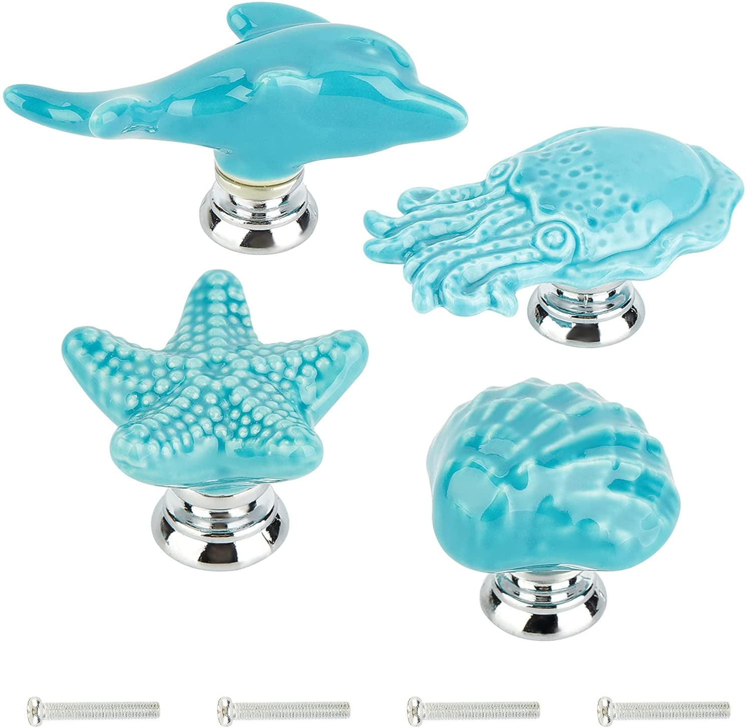 4Sets Starfish Octopus Shell Dolphin Ceramic Cabinet Knobs, Ocean ...