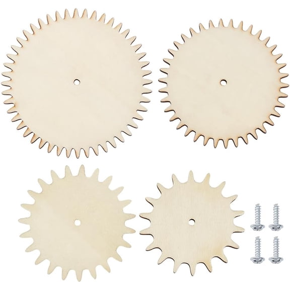 4Sets Unfinished Wooden Gears Interchangeable Wood Gears Undyed Wooden Gear Pieces Steampunk Wood Gear Craft Supplies with Screw Brown