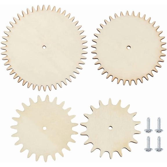 4Sets Unfinished Wooden Gears Interchangeable Wood Gears Undyed Wooden Gear Pieces Steampunk Wood Pieces DIY Paint Gear Craft Supplies with Screw