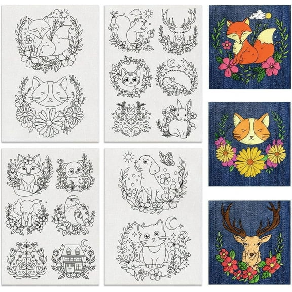 4Sheets 16Pcs Animal Water Soluble Embroidery 29.7x21cm/ 11.7x8.3inch Folk Cat Dog Stick and Stitch Embroidery Paper Stabilizer Water Soluble Hand Sewing for Shirts Coats Bags Cloth