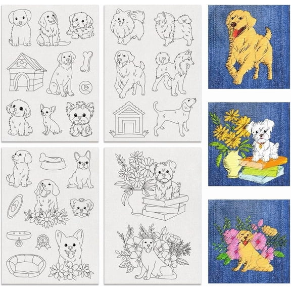 4Sheets 28Pcs Dog Water Soluble Embroidery 11.7x8.3inch Dog with Plant Kennel Stick and Stitch Embroidery Paper Stabilizer for Shirts Coats Bags Colorful