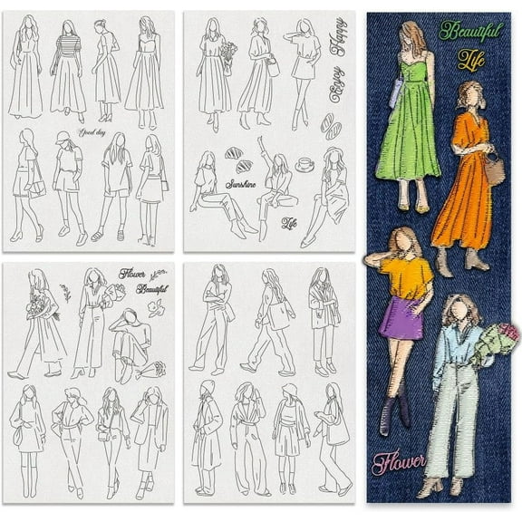 4Sheets 28Pcs Walking Figures Water Soluble Embroidery 11.7x8.3 Inch Women Girl Poses Embroidery Paper Stabilizer Water Soluble Hand Sewing for Shirts Coats Bags