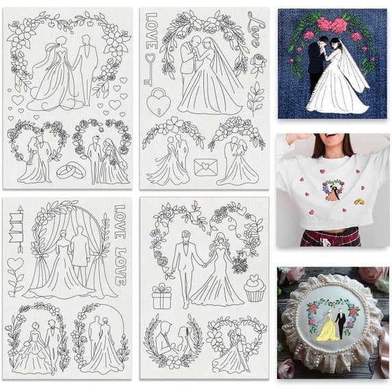 4Sheets 28Pcs Water Soluble Embroidery 11.7x8.3inch Wedding Valentine Pattern Transfers Water Soluble Stabilizer