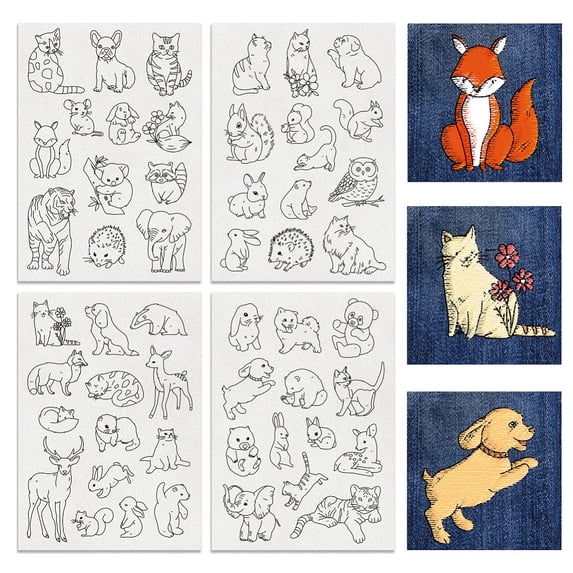 4Sheets 52Pcs Animal Water Soluble Embroidery 11.7x8.3inch Cats Dogs Rabbits Stick and Stitch Embroidery Paper Stabilizer Water Soluble Hand Sewing