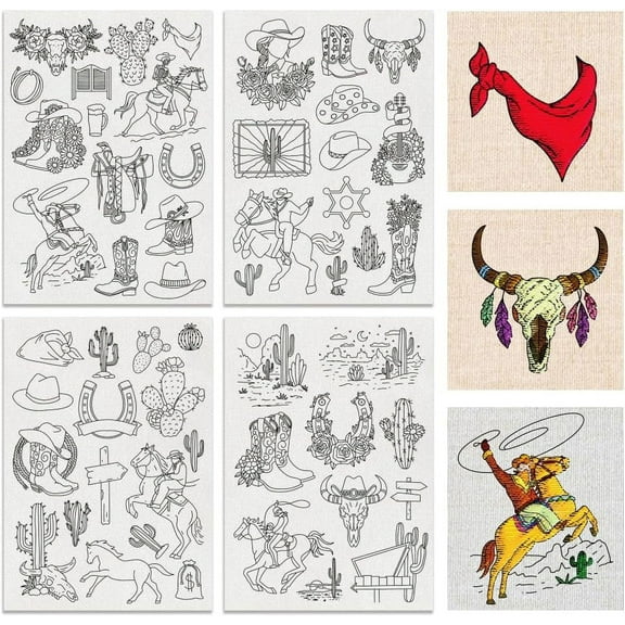 4Sheets 53Pcs Cowboy Water Soluble Embroidery 11.7x8.3inch Cowboy Boy Desert Scene Stick and Stitch Embroidery Paper Stabilizer DIY for Shirts Coats Bags