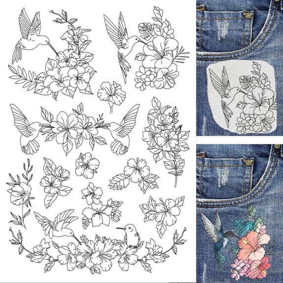 4Sheets 60Pcs Hibiscus Hummingbird Water Soluble Embroidery 11.7x8.3inch Stick and Stitch Embroidery Paper Stabilizer Water Soluble Hand Sewing for Shirts Coats Bags DIY