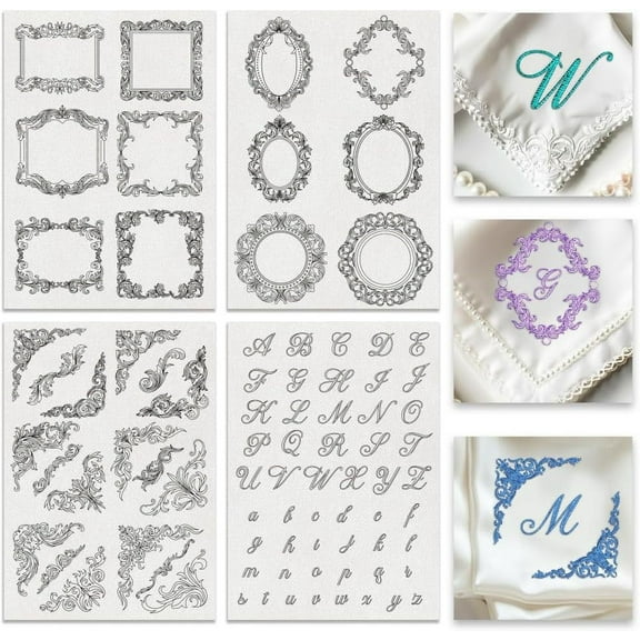 4Sheets 81Pcs Vintage Water Soluble Embroidery 11.6x8.2 Inch Calligraphy Letters Vintage Border Edge Embroidery Paper Stabilizer Hand Sewing for Shirts Coats Bags 1set