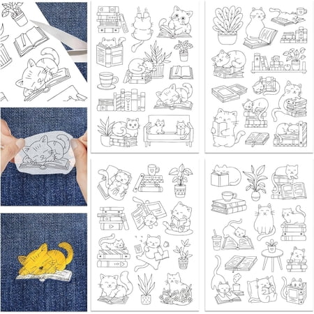 4Sheets Book Reading Cat Stick and Stitch Water Soluble Stabilizer for Embroidery Adhesive Hand Sewing Stabilizers Non-Woven Fabrics Drawing Sketch 11.7x8.3inch