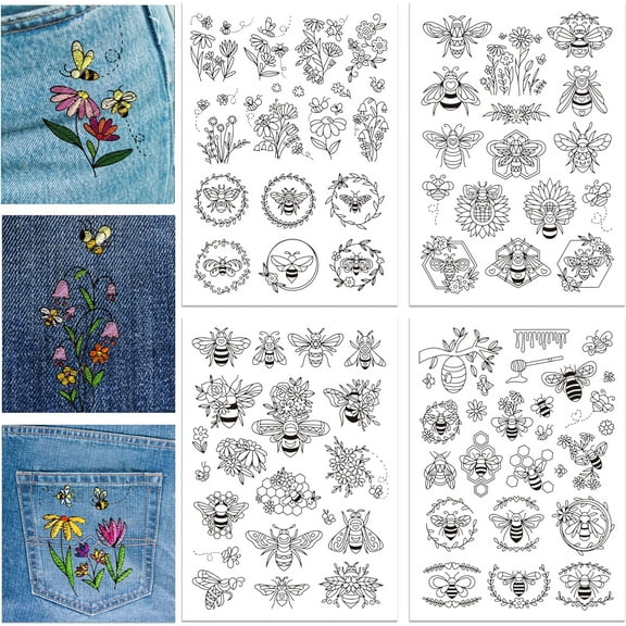 4Sheets Flower and Bees Pattern Water Soluble Embroidery Hand Sewing Stabilizers for Fabric Stitch Practice Embroidery Stickers Wash Away Stabilizers