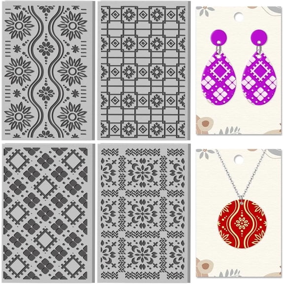 4Sheets Seamless Retro Pattern Polymer Clay Texture Sheet Geometric Pattern Rubber Clay Texture Mat