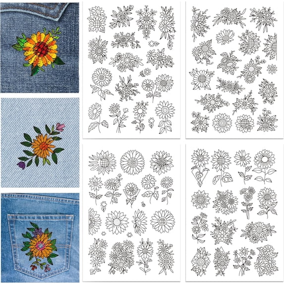 4Sheets Sunflowers Pattern Water Soluble Embroidery Hand Sewing Stabilizers for Fabric Stitch Practice Embroidery Stickers Wash Away Stabilizers