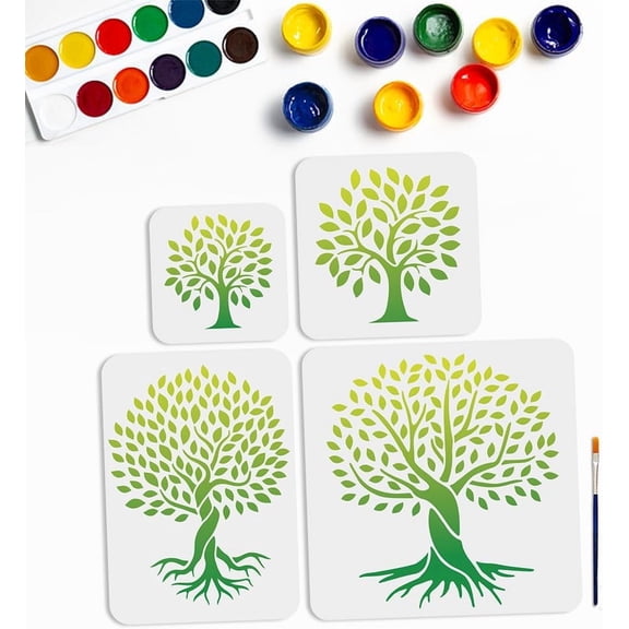 4Size Tree of Life Stencils 6~11.8inch Tree Branches Painting Stencil with Paint Brush Reusable Natural Tree Life Pattern Drawing Template for Canvas Wall Floor Decor DIY Art Crafts White DIY