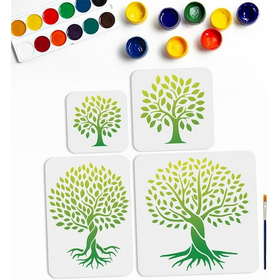 4Size Tree of Life Stencils 6~11.8inch Tree Branches Painting Stencil with Paint Brush Reusable Natural Tree Life Pattern Drawing Template for Canvas Wall Floor Decor DIY Art Crafts 1bag