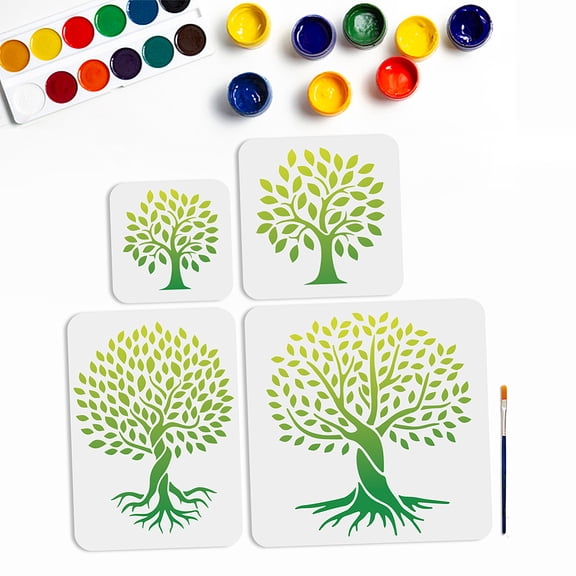 4Size Tree of Life Stencils 6~11.8inch Tree Branches Painting Stencil with Paint Brush Reusable Natural Tree Life Pattern Drawing Template