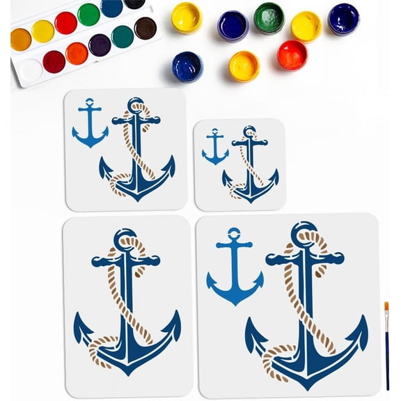 4Sizes Rope Boat Anchor Stencil 6~12inch Nautical Theme Stencils with Paint Brush Reusable Summer Sea Ocean Ship Anchor Stencil for Wood Canvas Fabric Wall Furniture Decor colorful DIY