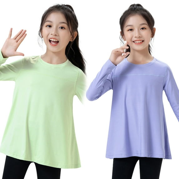 4T-12T Girls Athletic Performance Long Sleeve Shirts Active Dry Fit Rash Guard Yoga T-Shirt Loose Fit