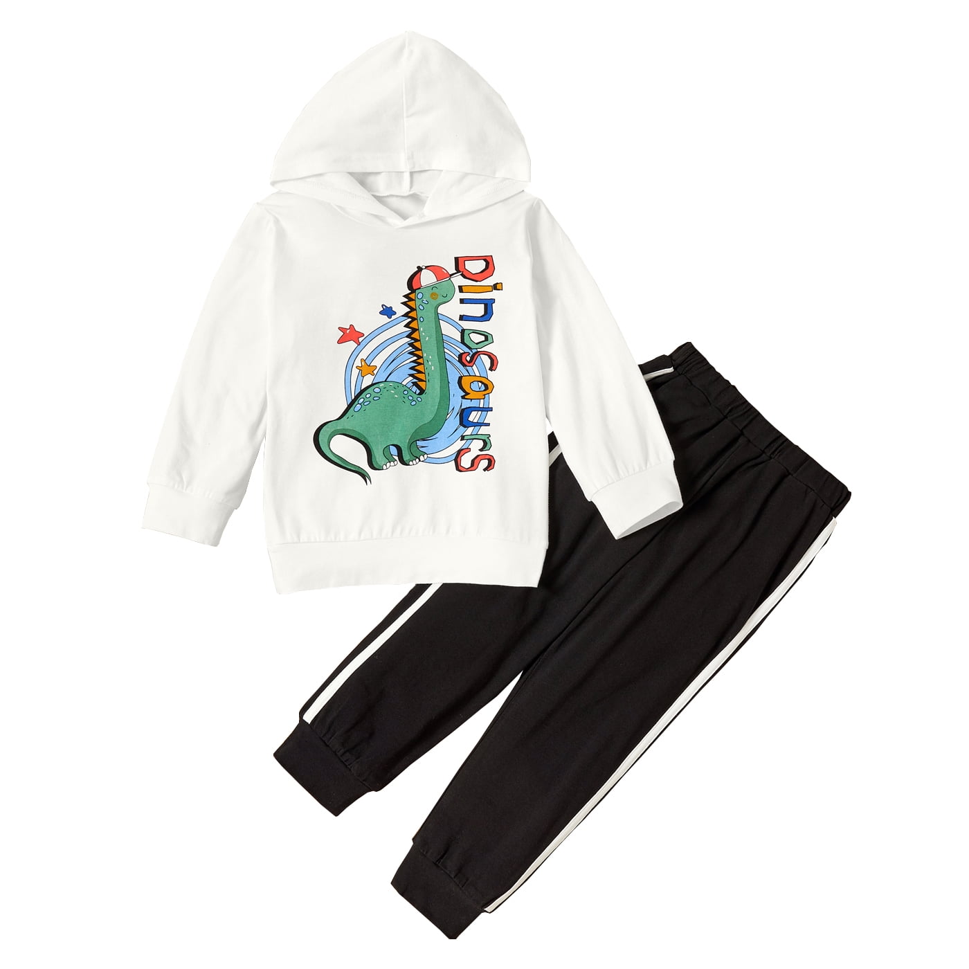 4T Baby Boy Clothes Baby Boy Outfits Dinosaur Print Long Sleeve Hooded Tops Pants Set White 3-4T Baby Boy Fall Clothes