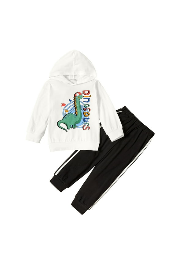 4T Baby Boy Clothes Baby Boy Outfits Dinosaur Print Long Sleeve Hooded Tops Pants Set White 3-4T Baby Boy Fall Clothes