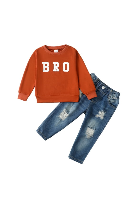 4T Baby Boy Outfits 5T Boys Fall Winter Clothes Toddler Boys Long Sleeve Letter Print Top Jeans Pants 2PCS Set Brown