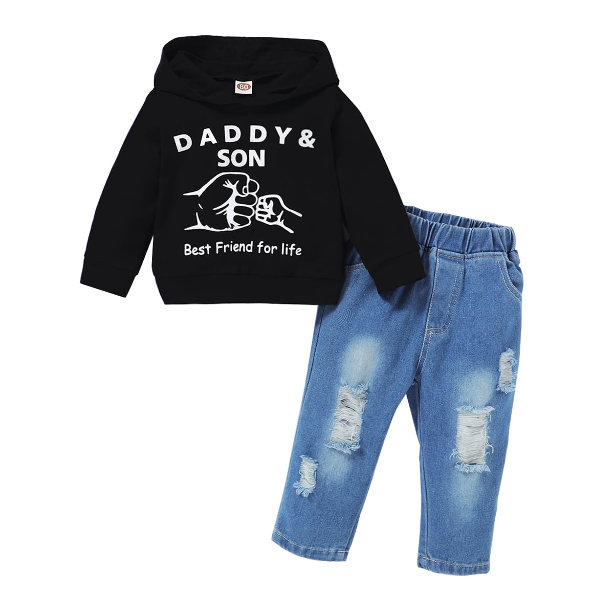 Walmart Black Friday Deals 2025 - 4T-5T Toddler Boys Casual Wear: 2PCS Fall Winter Outfits, Long Sleeve Hoodie Top & Jeans Pants Set, Black