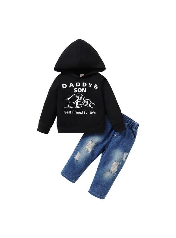 4T Baby Boys Clothes 5T Boys 2PCS Fall Winter Outfits Letter Print Toddler Boys Long Sleeve Hoodie Top Jeans Pants Set Black