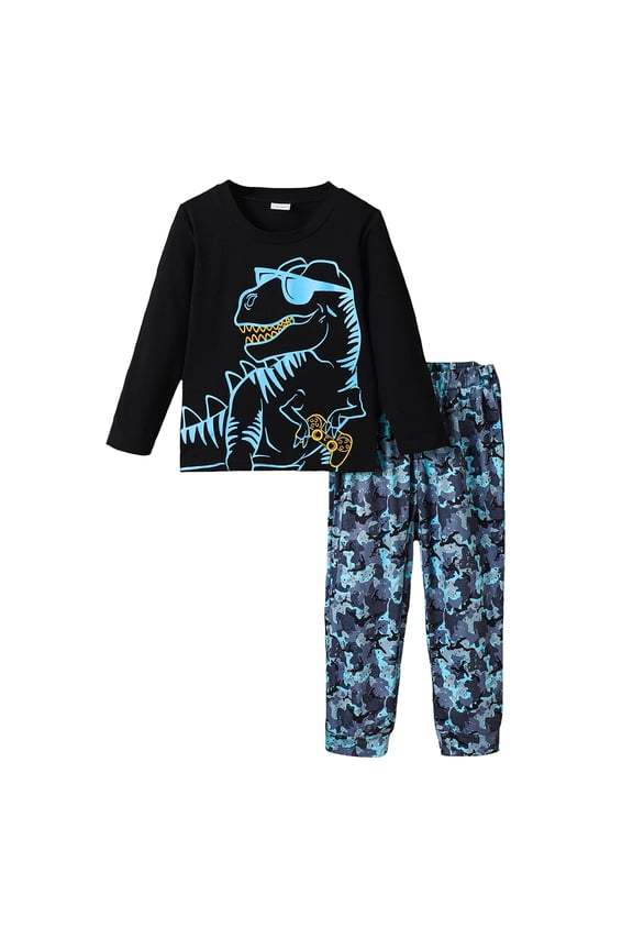 4T Baby Boys Clothes 5T Boys 2PCS Fall Winter Outfits Set Dinosaur Print Round Neck Toddler Boys Long Sleeve Top Pants Set Black